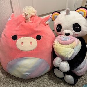 Squishmallow and panda bear& blanket